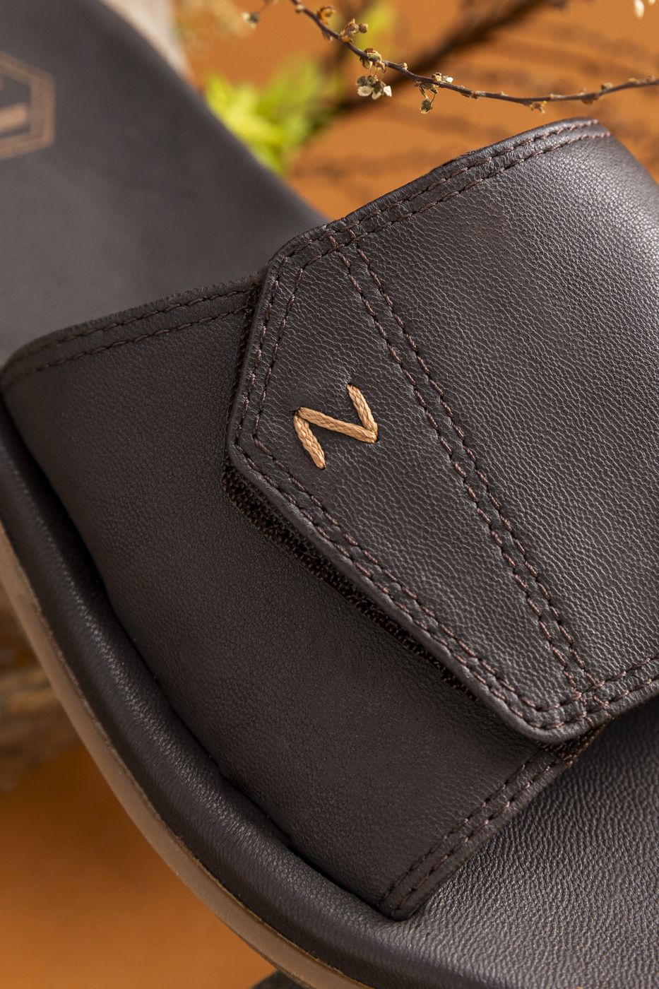 Leather slide sandal with embroidered stitch detail, made by JY&T